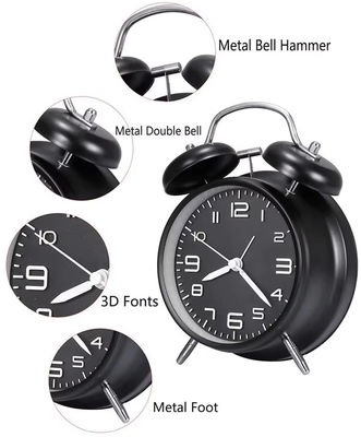 4 Inch Twin Bell Loud Alarm Clock Metal Frame 3D Dial with Backlight Battery Operated Desk Table Alarm Clock for Home and Office