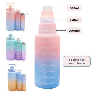 3 in 1 Motivational Water Bottle Trio Black Gradient 2l Plastic Water Bottle Set of 3 Piece Sport Drink Bottles With Time Marker
