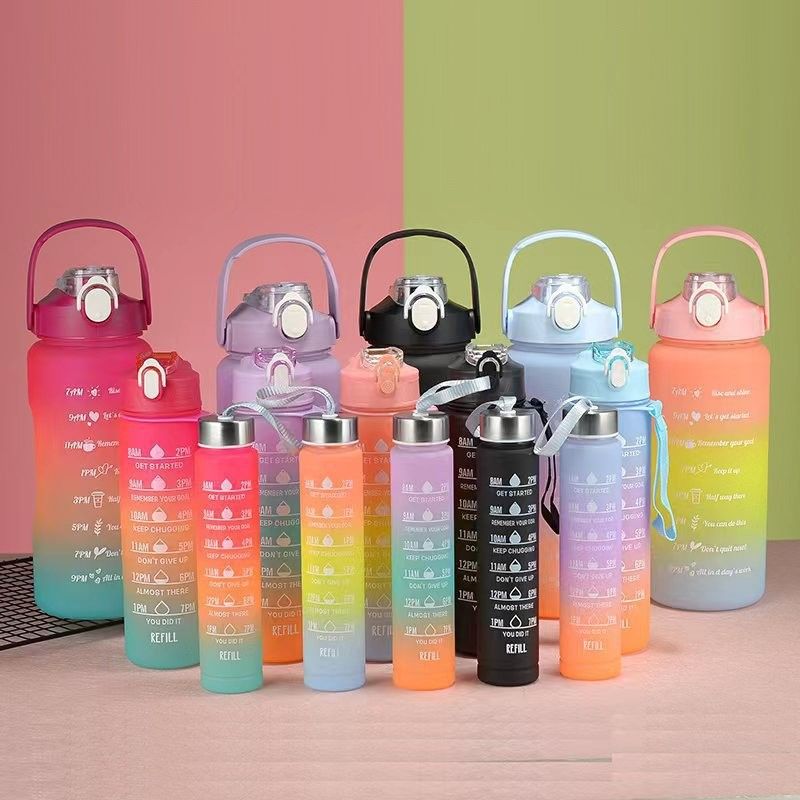 Set of 3 BPA-free Water Bottles 3 in 1 Motivational Sport Drinking Jug with Mobile Holder Handle and Straw
