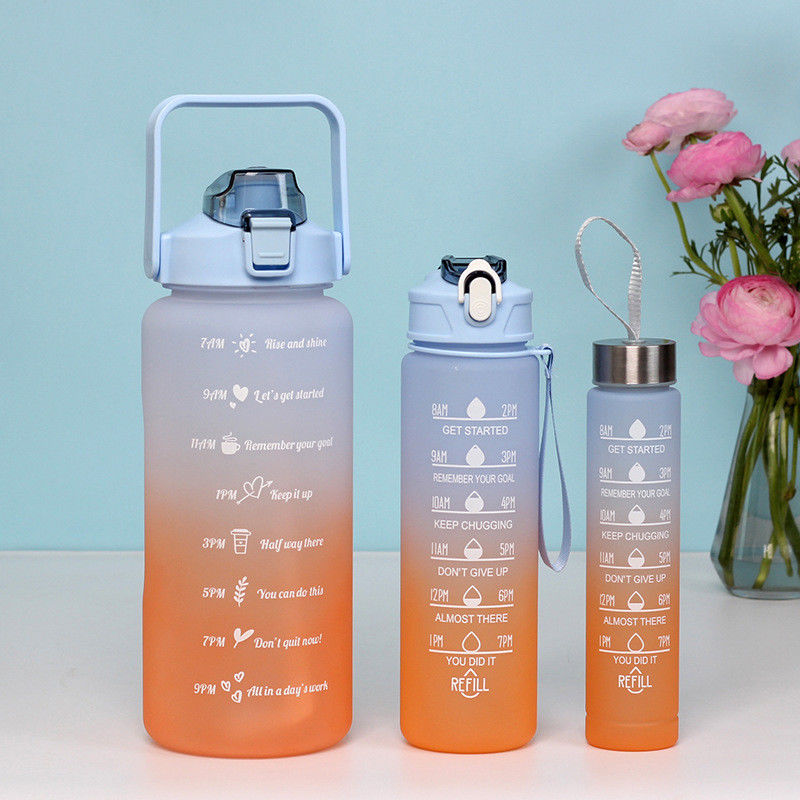 3pcs/set Sports Water Bottle Leak-proof Motivational With Straw Gradient Color Plastic Water Cup BPA Free